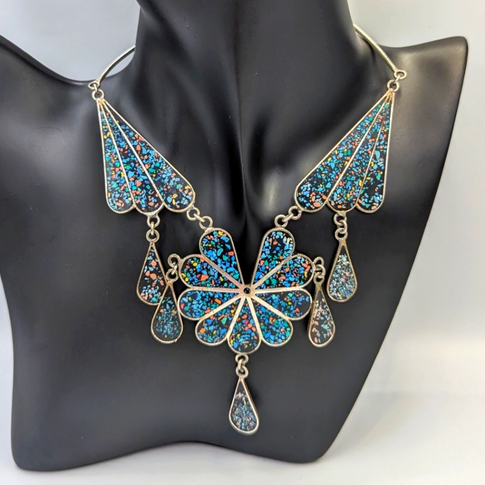 Statement Vintage Alpaca Multicolor Semiprecious Stones Chips Inlay Necklace